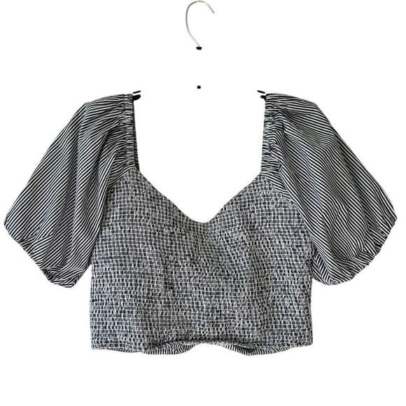 J.Crew Puff-Sleeve Organic Cotton Cropped Top Striped White Blue Beachy Womens L - Picture 6 of 12